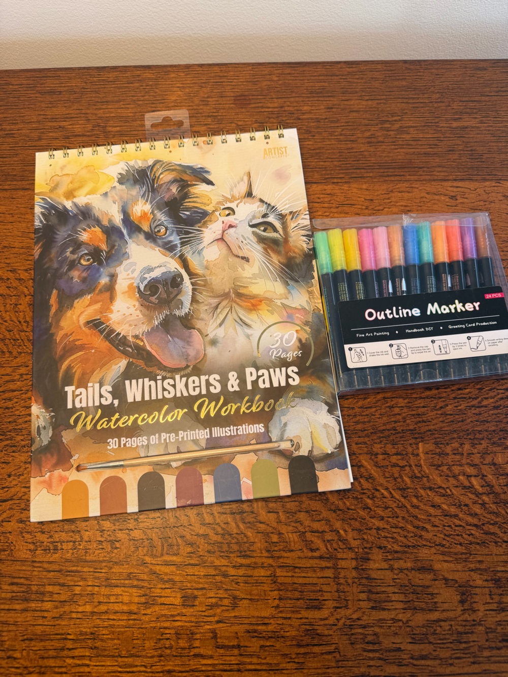 Tails, Whiskers & Paws Watercolor Workbook with Multicolor Outline Markers